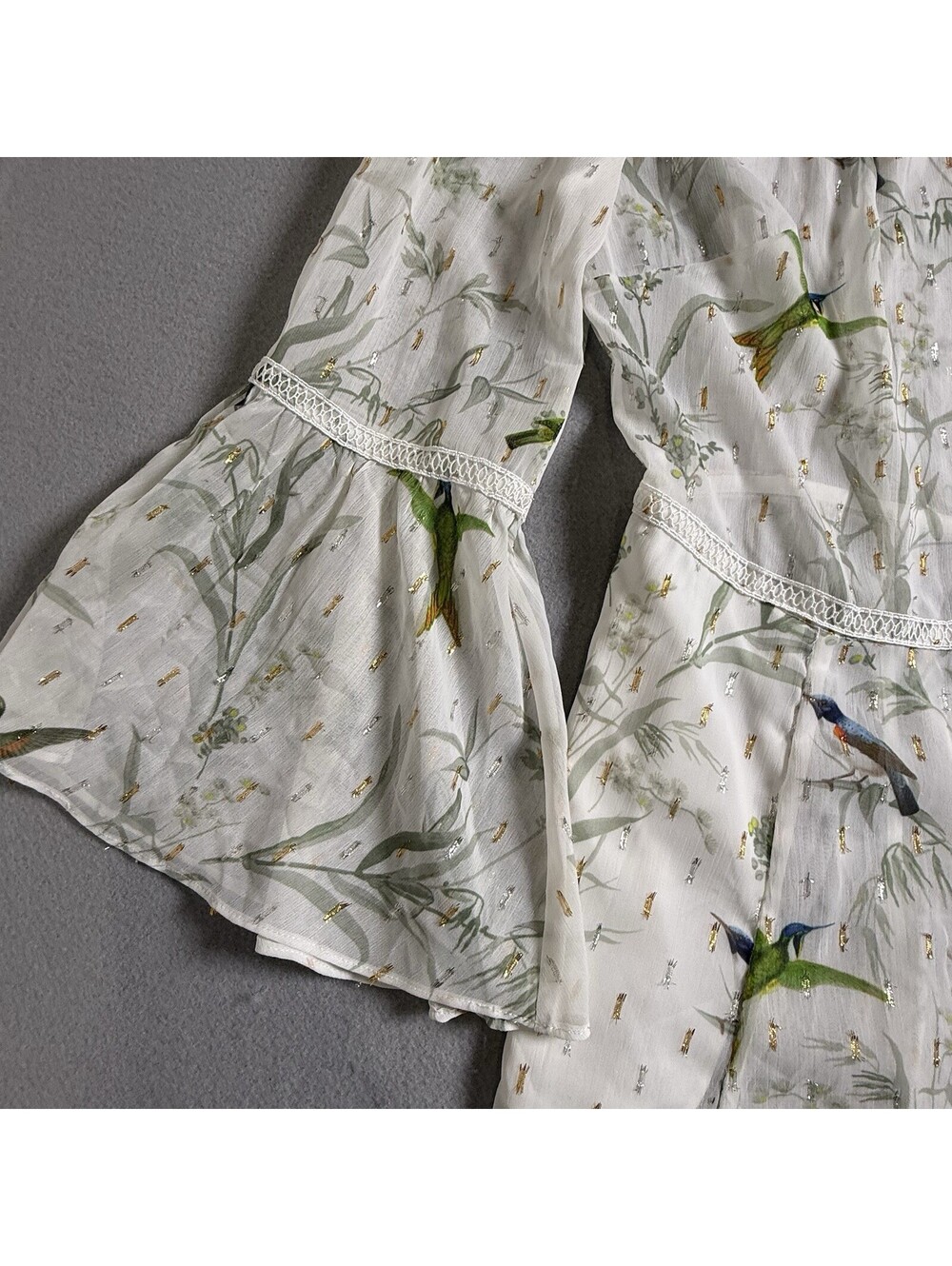 Ted Baker Andray Bird Print Ruffle Dress Sheer Fairy US 6 -8 No Slip Fortune - Picture 5 of 9